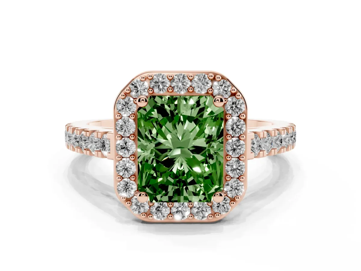 Fancy Green Radiant Cut Diamond Halo Ring with Round Pavé Split Shank and Prong Setting Rose gold