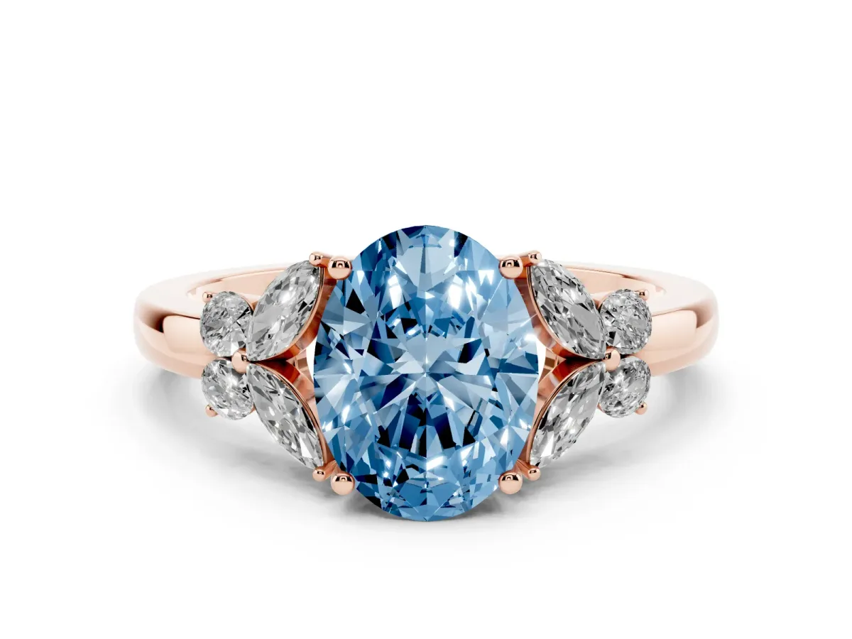 Fancy Blue Oval Cut Cut Solitaire Floral Diamond Ring with Four-Prong Setting Rose gold