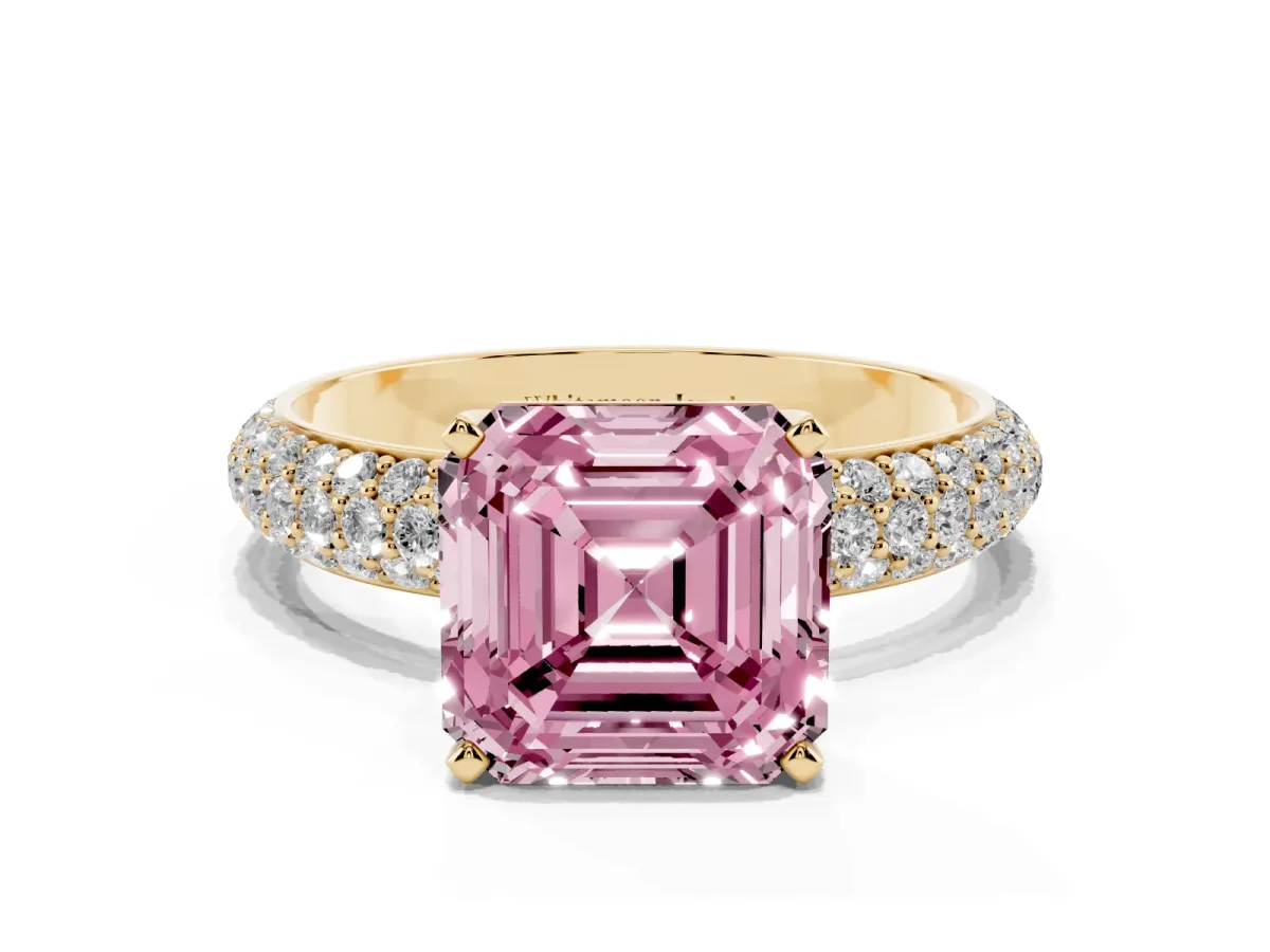Fancy Pink Asscher Cut Diamond Solitaire Ring with Prong Setting and Pavé Band Yellow gold