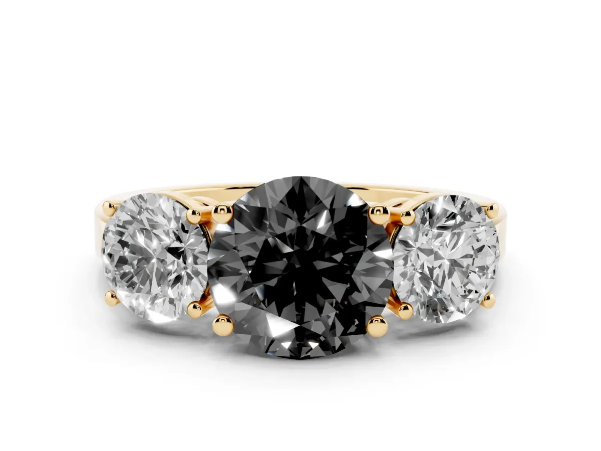 Fancy Black Three-Stone Round Cut Cut Diamond Engagement Ring with Flat Band and Four-Prong Setting Yellow gold