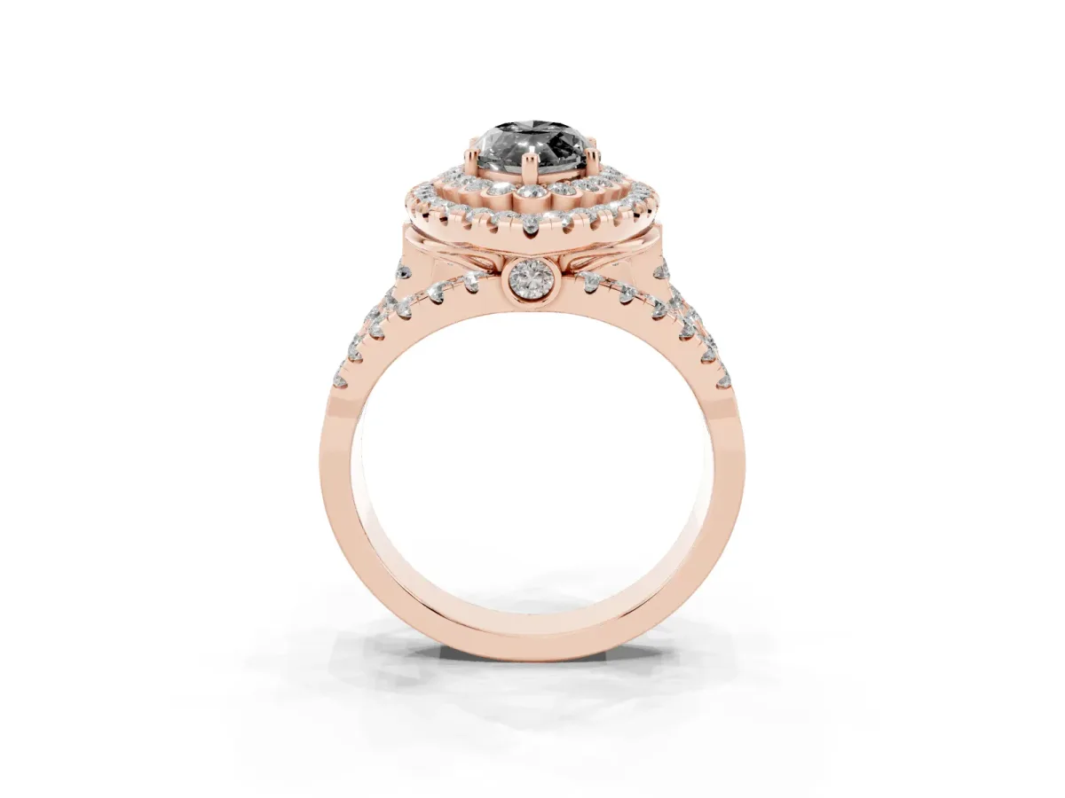 Fancy Black Marquise Cut Diamond Double Halo Ring with Round Pavé Split Shank and Prong Setting Rose gold