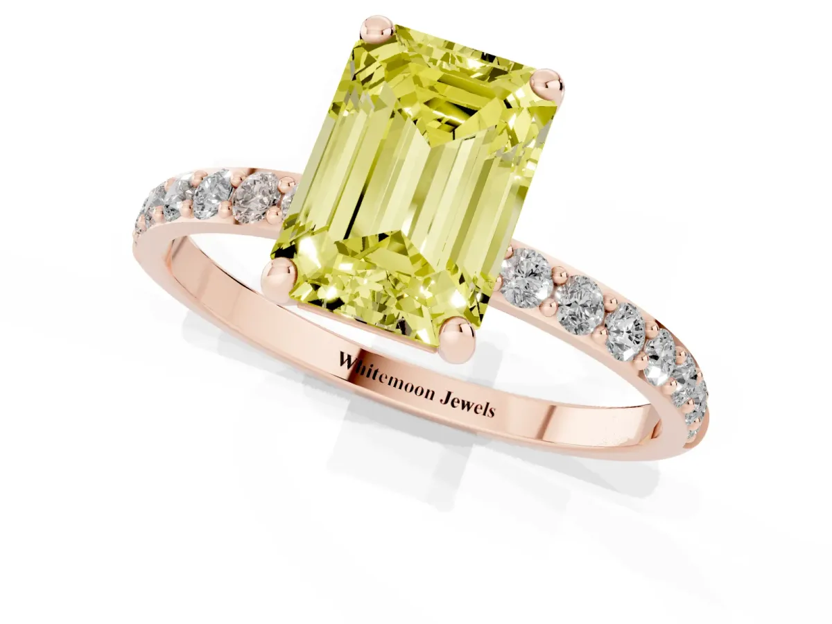 Fancy Yellow Emerald Cut Diamond Solitaire Ring with Round Pavé Band and Prong Setting Rose gold