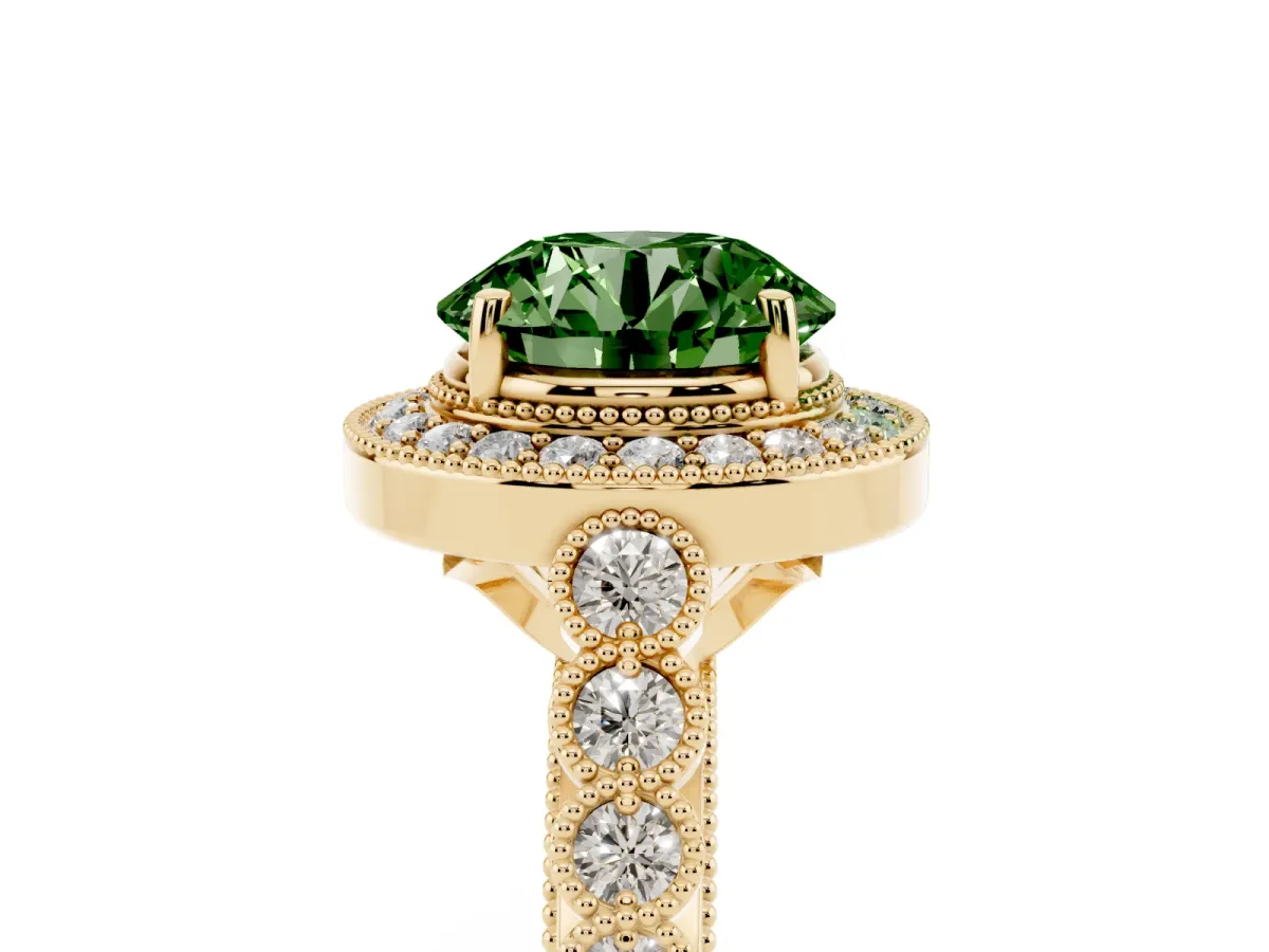 Fancy Green Round Cut Halo Milgrain Solitaire with Bezel Set Side Stones and Pave Band Yellow gold