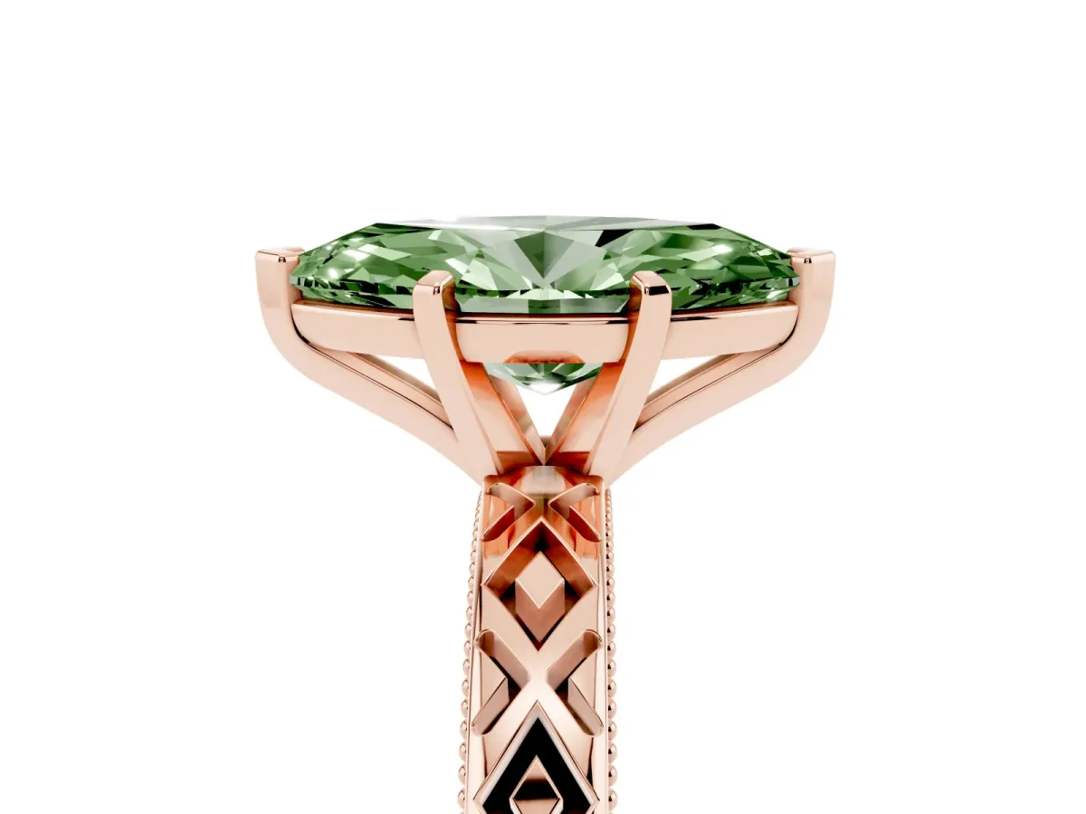 Fancy Green Marquise Cut Solitaire Diamond Ring with Milgrain and Black Enamel X Pattern Band Rose gold