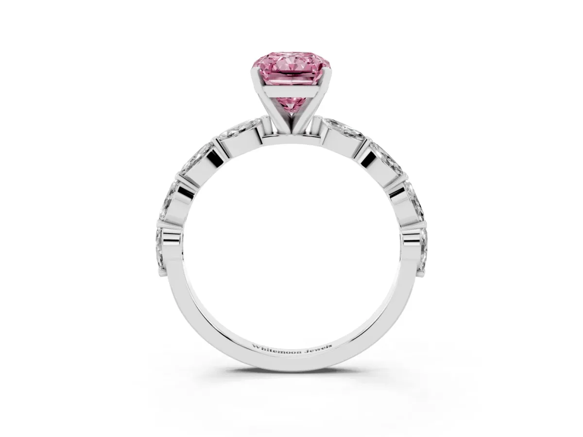 Fancy Pink Radiant Cut Diamond Ring with Marquise Side Stones and Prong Setting Platinum