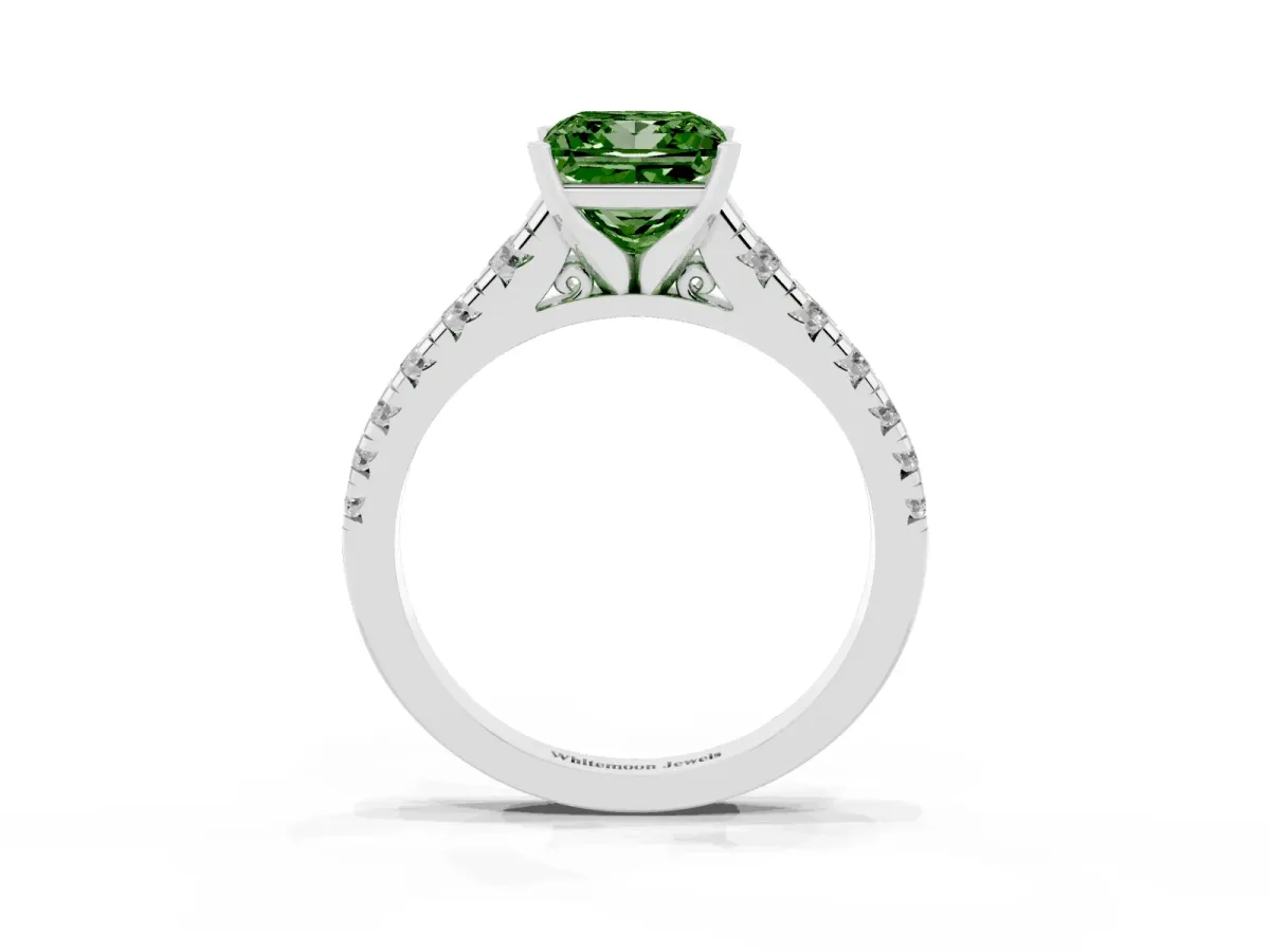 Fancy Green Princess Cut Diamond Cathedral Solitaire Ring with Round Pavé Band Silver