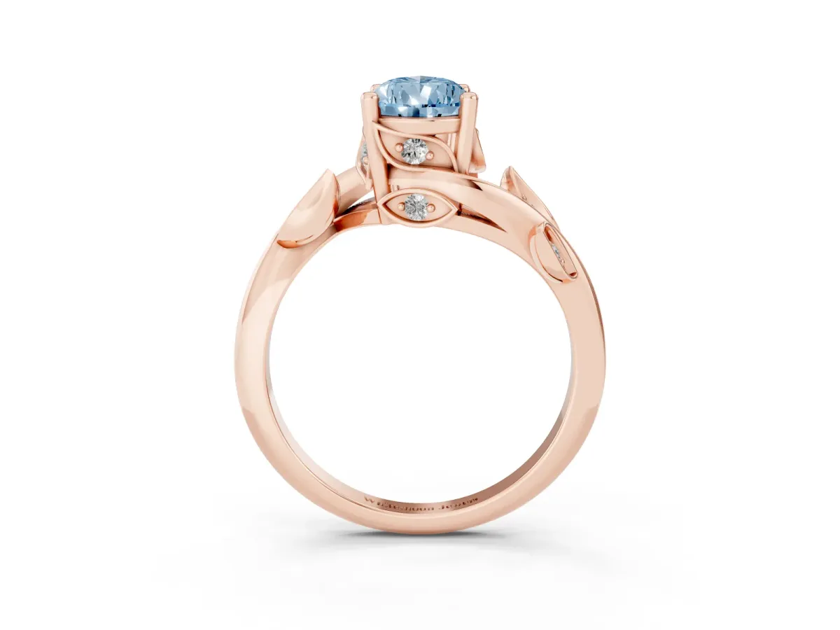 Fancy Blue Pear Cut Solitaire Twist Engagement Ring with Leaf Accents and Prong Setting Rose gold