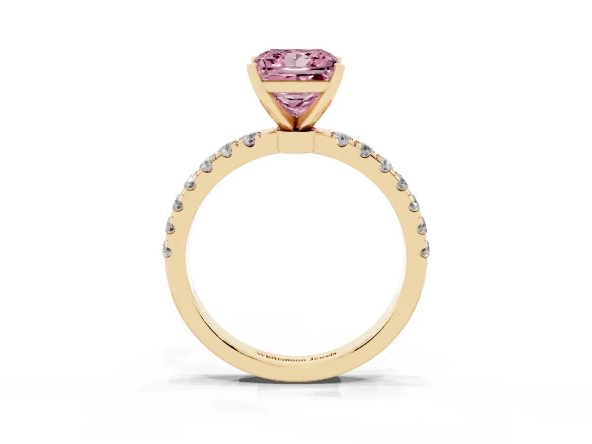 Fancy Pink Princess Cut Diamond Solitaire Ring with Pavé Accents and Four-Prong Setting Yellow gold