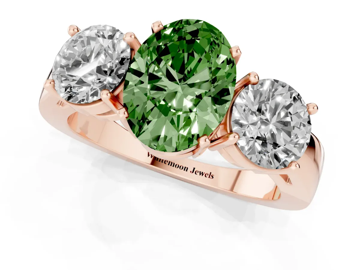 Fancy Green Three-Stone Oval Cut Diamond Ring with Round Side Stones, Classic Band, and Four-Prong Setting Rose gold
