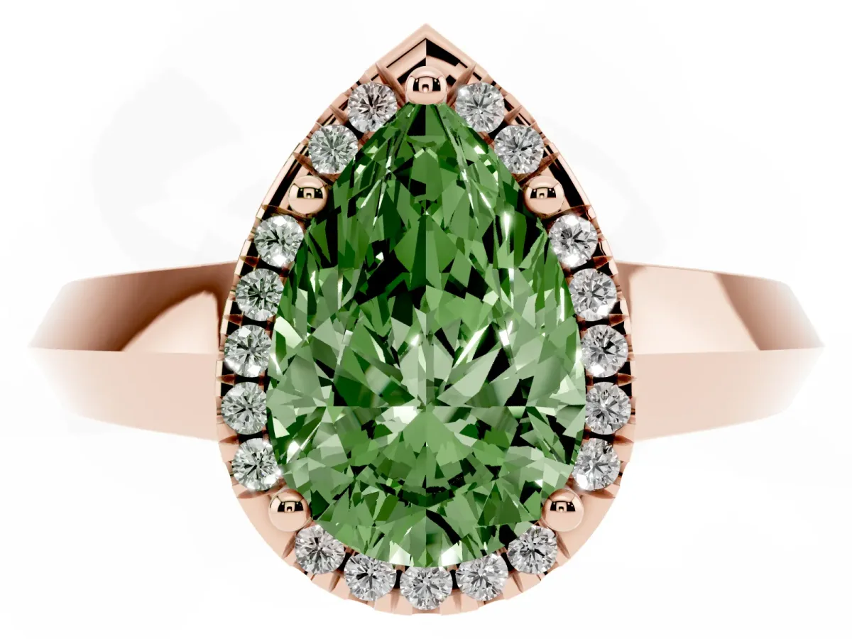 Fancy Green Pear Cut Halo Diamond Ring with Cathedral Band and Four-Prong Setting Rose gold