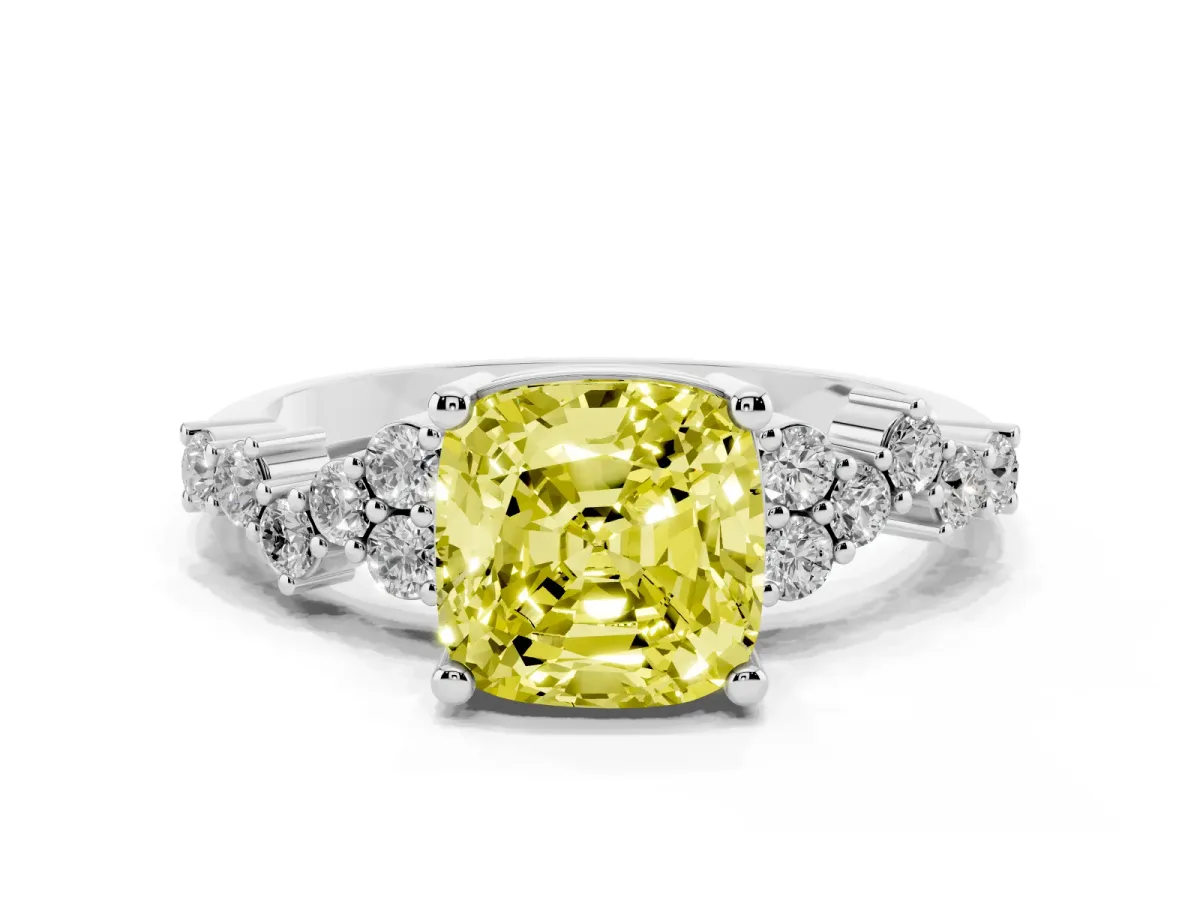 Fancy Yellow Cushion Cut Diamond Scattered Round Accent Ring with Prong Setting White gold