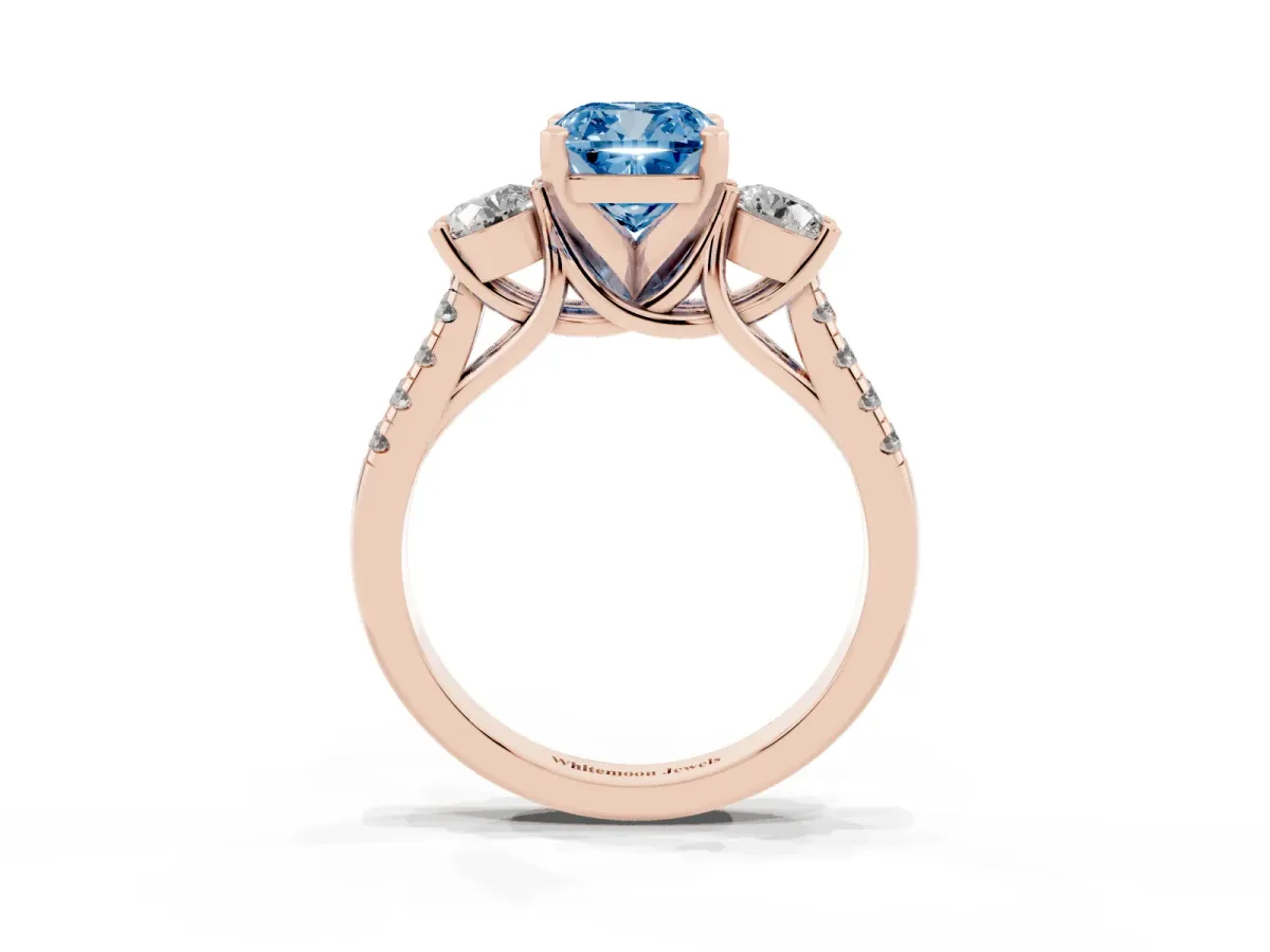 Fancy Blue Three-Stone Cushion Cut Diamond Pavé Band with Four-Prong Setting Rose gold