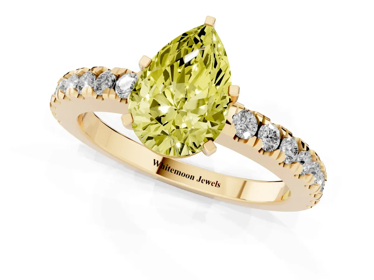 Fancy Yellow Pear Cut Solitaire Diamond with Pavé Band and Four-Prong Setting Yellow gold
