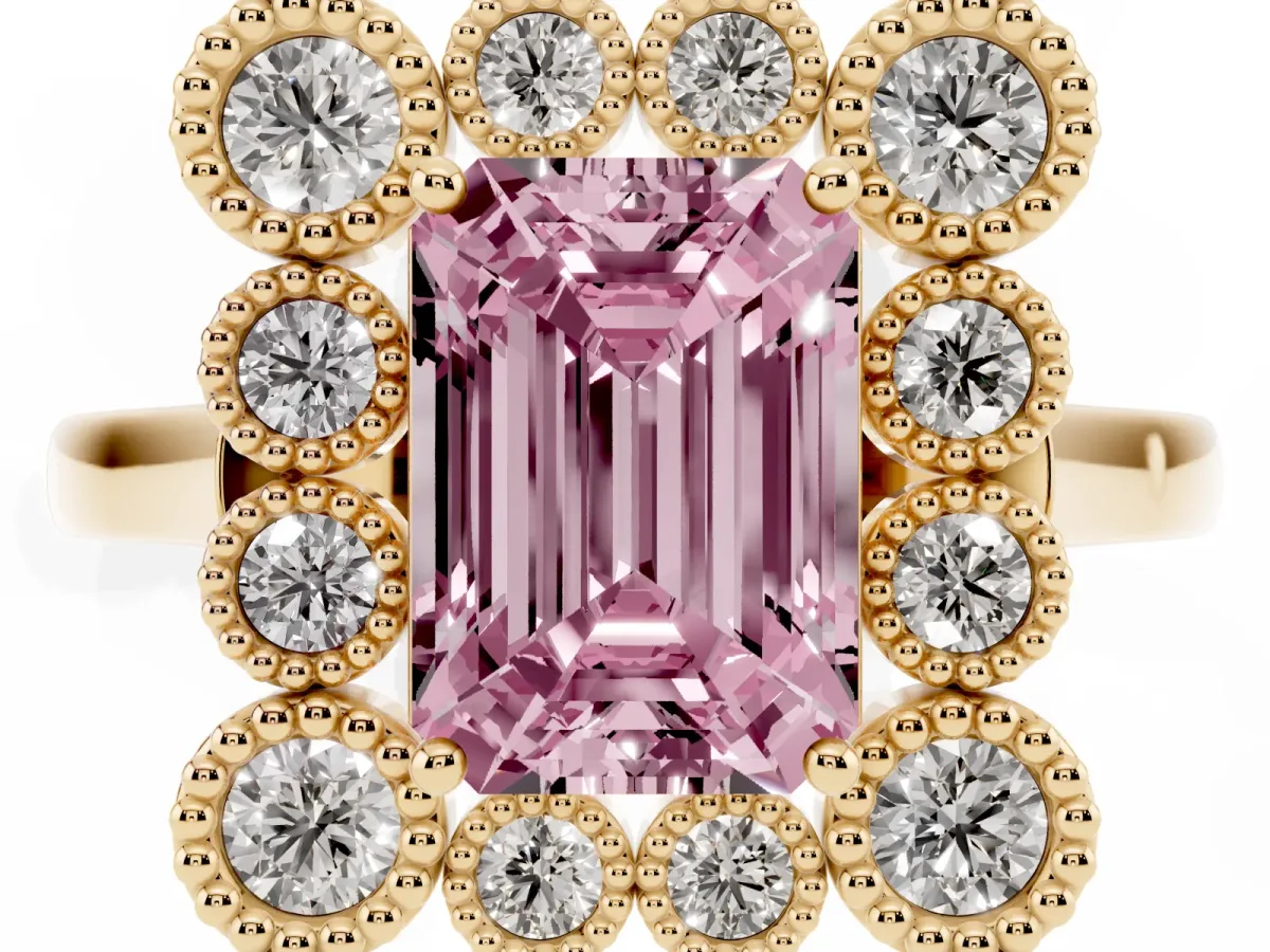 Fancy Pink Emerald Cut Halo Diamond Cluster Engagement Ring with Milgrain Bezel Setting and Solitaire Band Yellow gold