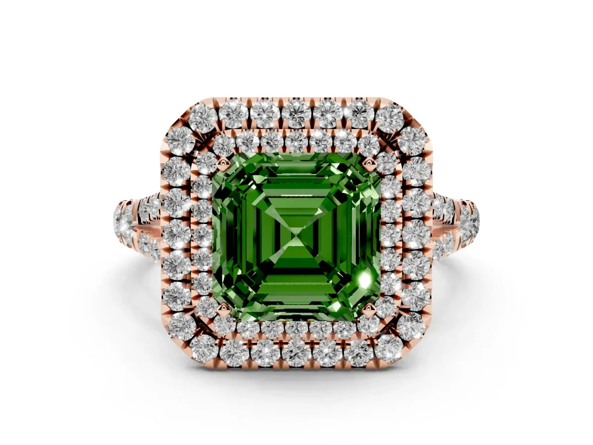 Fancy Green Asscher Cut Cut Double Halo Split Shank Diamond Ring with Prong Setting Rose gold