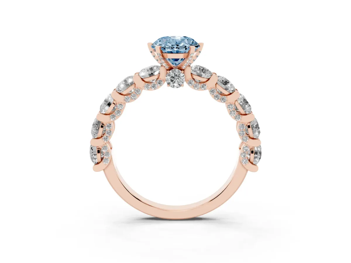 Fancy Blue Oval Cut Diamond Side Stone Engagement Ring with Four-Prong Setting Rose gold