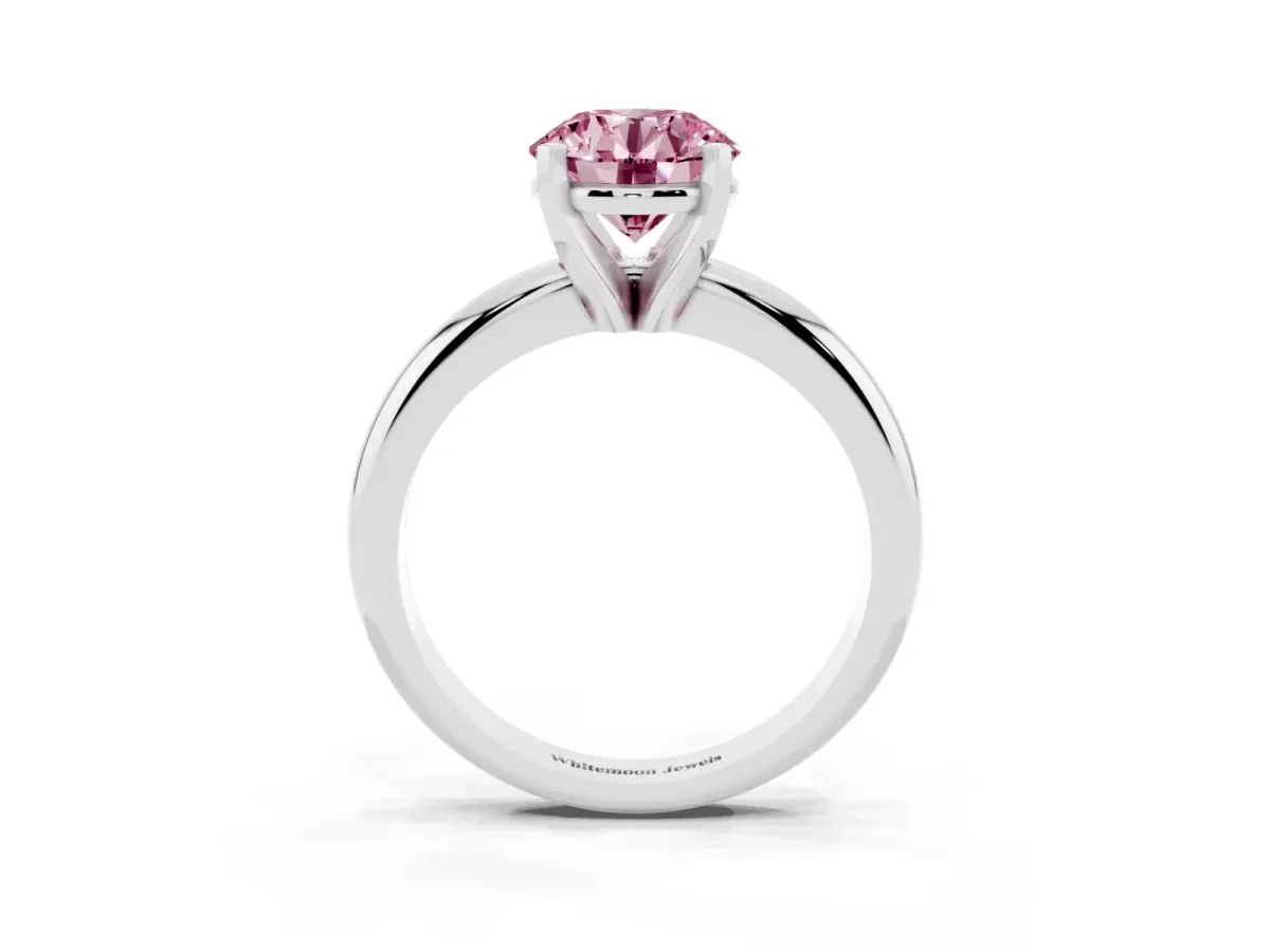 Fancy Pink Round Cut Diamond Solitaire Engagement Ring with Round Band and Four-Prong Setting Platinum