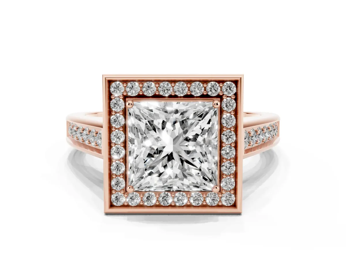 Princess Cut Halo Solitaire Diamond Ring with Pave Band and Bezel Setting Rose gold