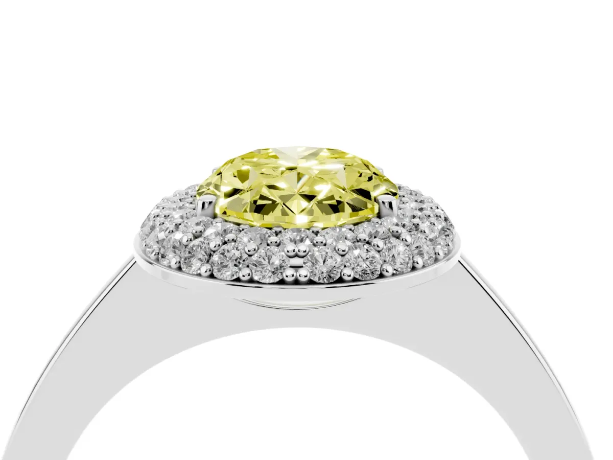 Fancy Yellow Oval Cut Halo Diamond Engagement Ring with Solitaire Band and Four-Prong Setting Platinum