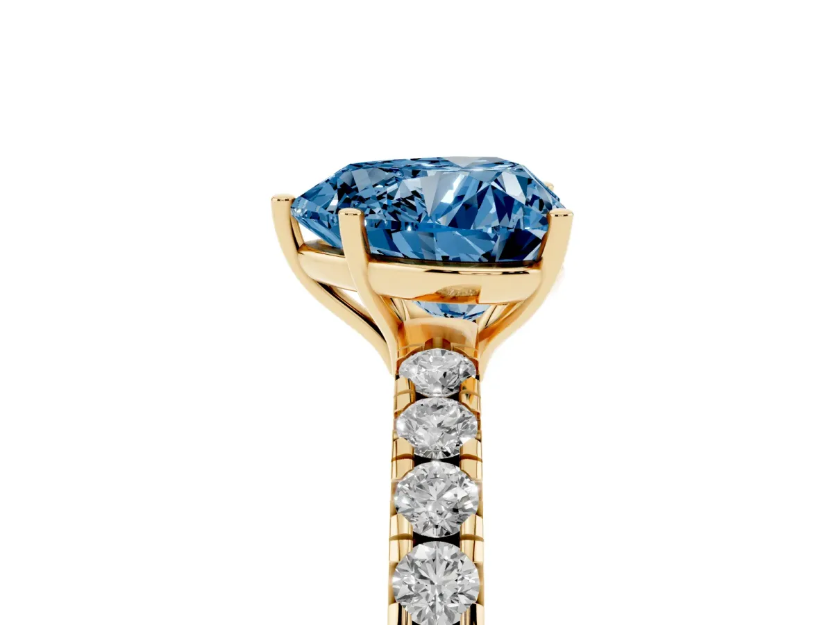 Fancy Blue Heart Cut Diamond Pavé Solitaire Engagement Ring with Four-Prong Setting Yellow gold