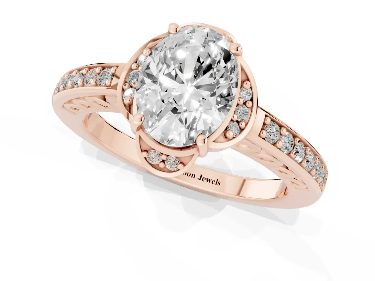 Oval Cut Cut Halo Diamond Ring with Channel Set Band and Four-Prong Setting Rose gold