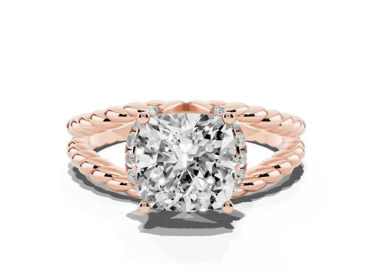 Cushion Cut Halo Twisted Band Four-Prong Ring Rose gold