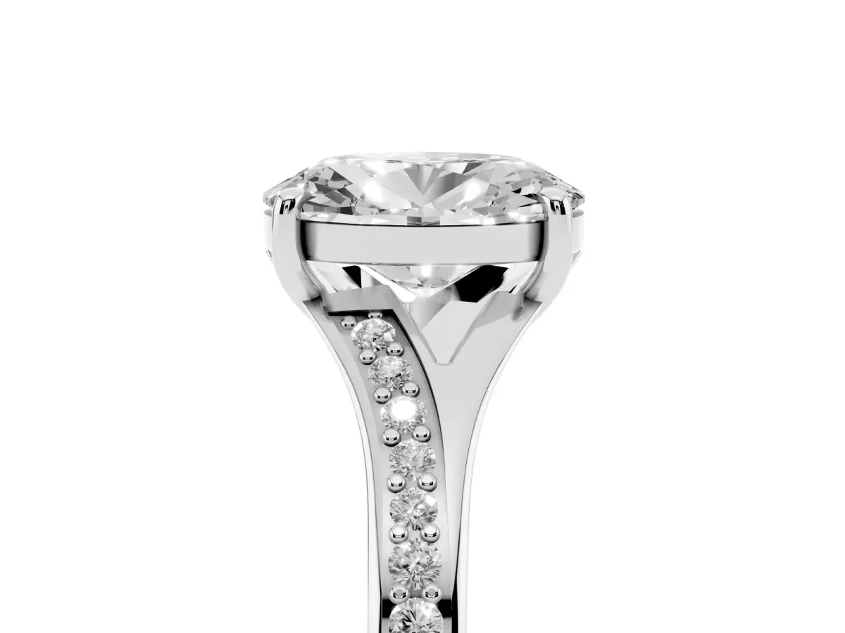 Oval Cut Diamond Solitaire Ring with Pavé Band and Prong Setting Silver