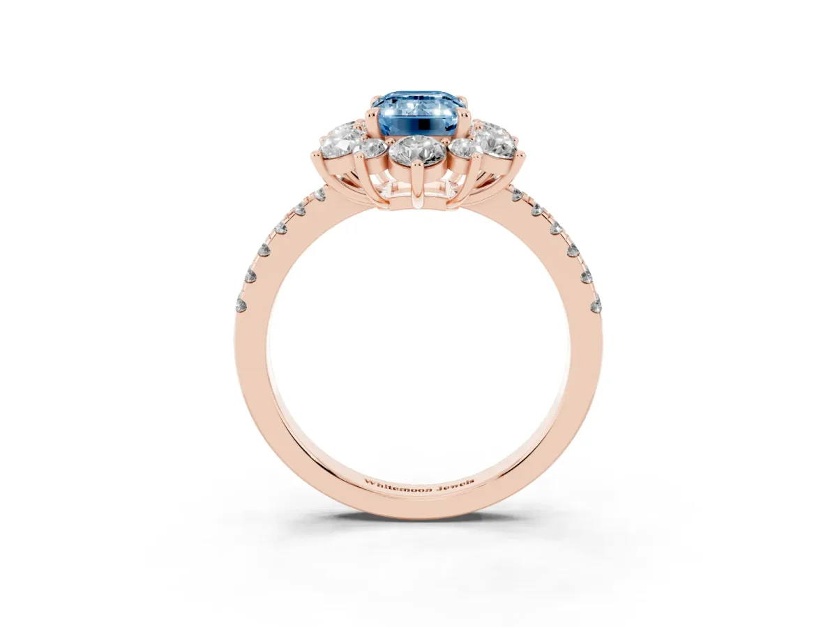 Fancy Blue Emerald Cut Diamond Floral Halo Ring with Round Pavé Band and Prong Setting Rose gold