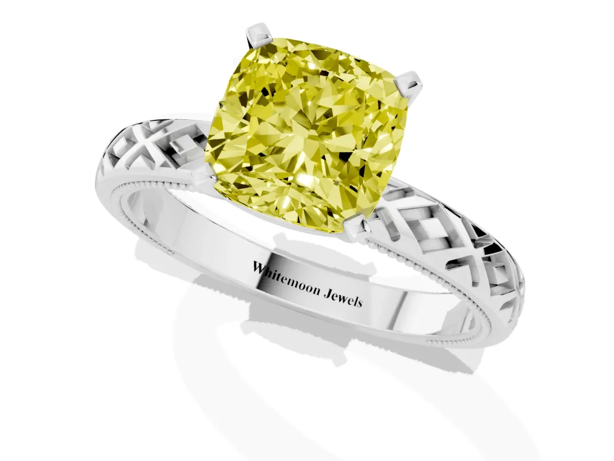 Fancy Yellow Cushion Cut Solitaire Diamond Ring with Milgrain and Black Enamel X Pattern Band Silver