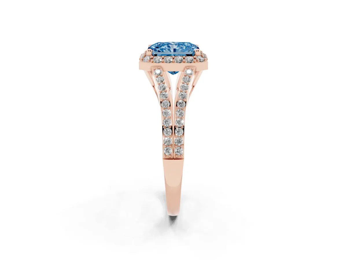 Fancy Blue Radiant Cut Halo Split Shank Pave Diamond Ring with Four-Prong Setting Rose gold