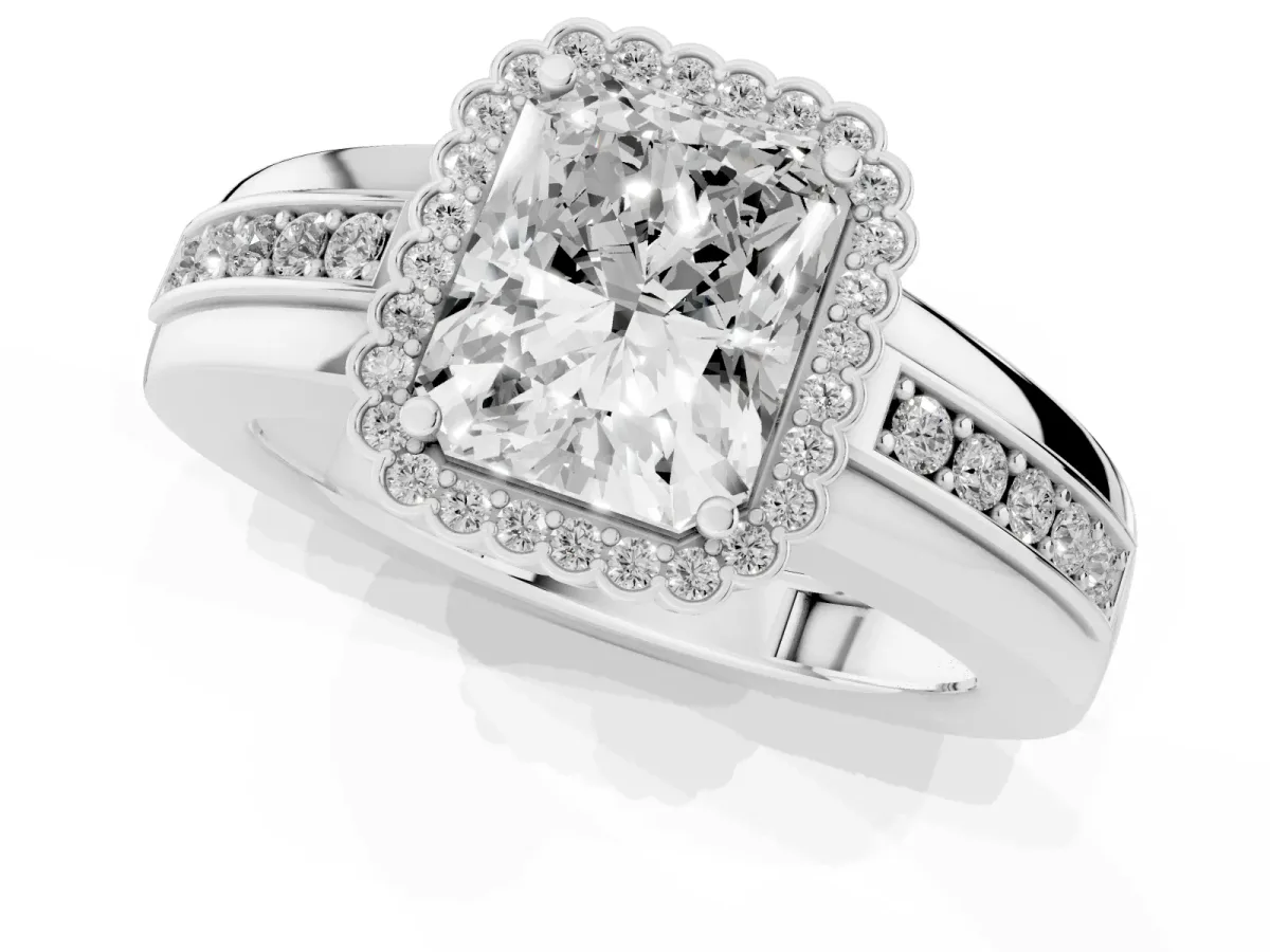 Radiant Cut Cut Halo Pave Band Four-Prong Ring Silver