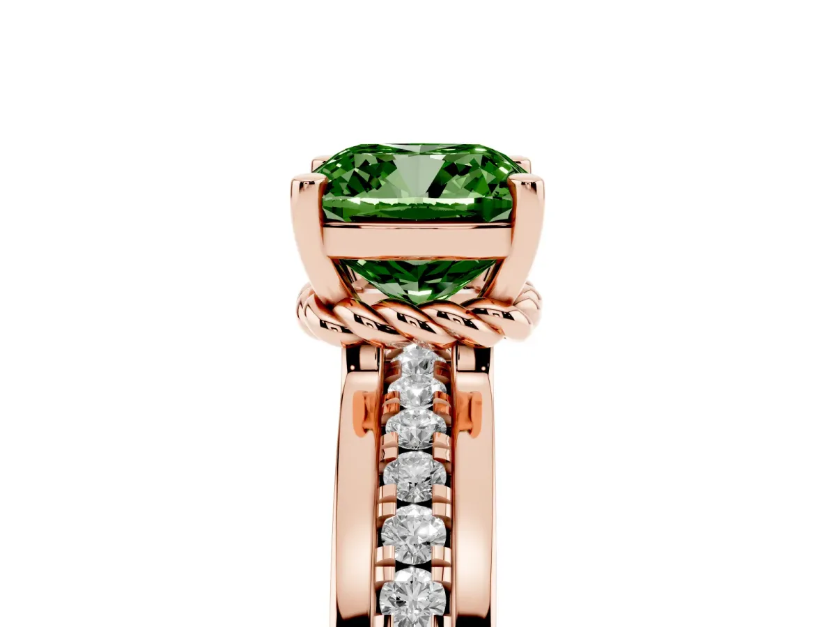 Fancy Green Cushion Cut Solitaire Diamond Ring with Channel Set Band and Six-Prong Setting Rose gold