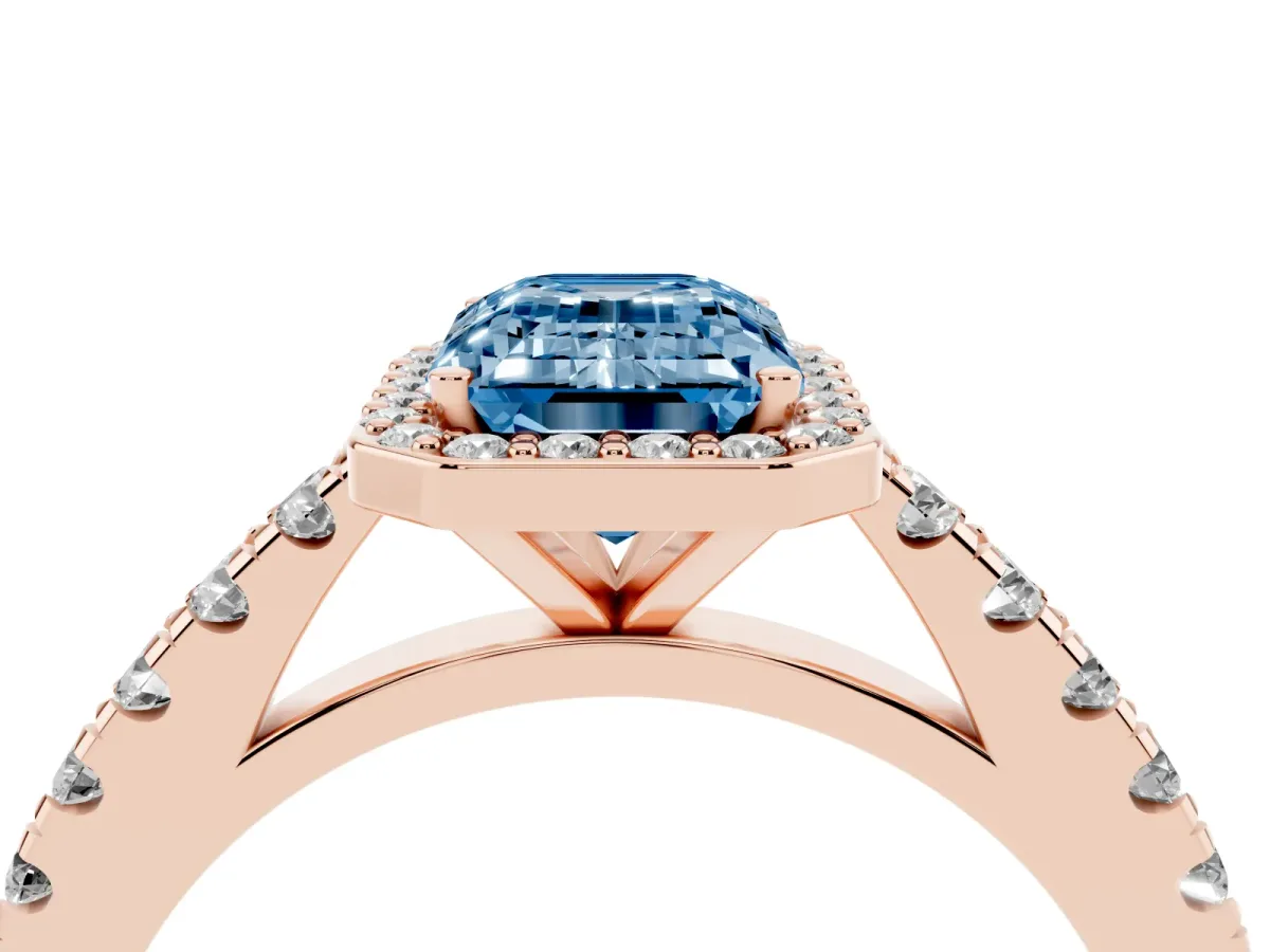 Fancy Blue Emerald Cut Cut Halo Diamond Engagement Ring with Pave Band and Four-Prong Setting Rose gold
