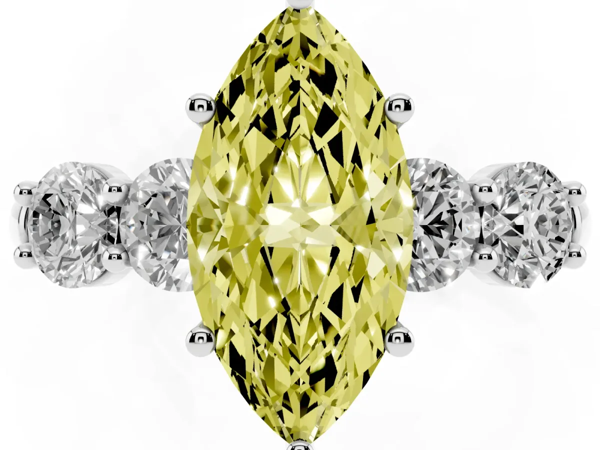 Fancy Yellow Marquise Cut Cut Five-Stone Prong Set Diamond Ring with Classic Band Silver