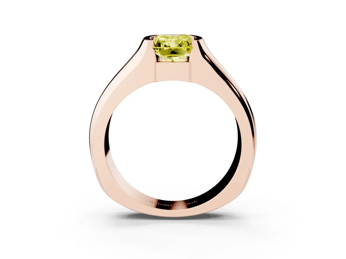Fancy Yellow Radiant Cut Solitaire Bezel Set Diamond Ring with Wide Band Rose gold