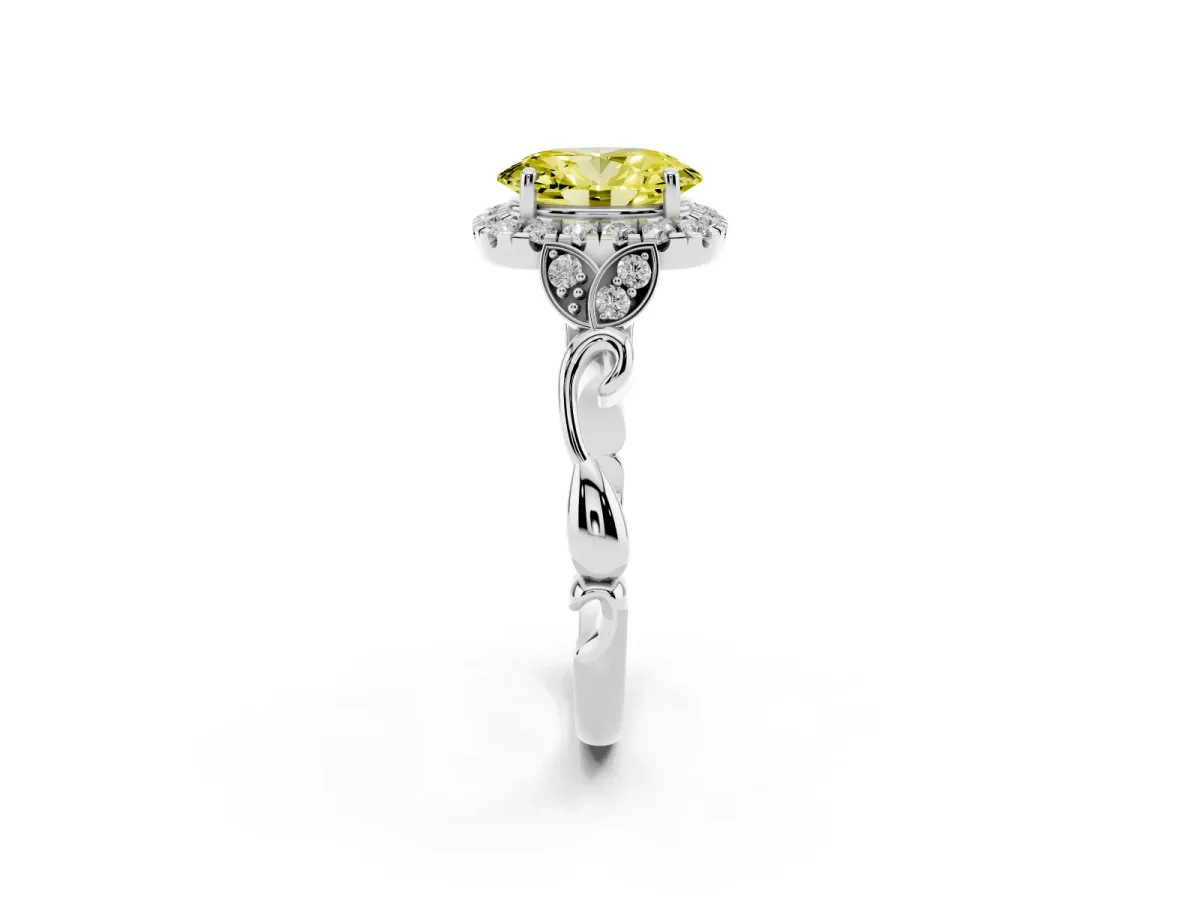 Fancy Yellow Oval Cut Halo Diamond Engagement Ring with Vintage-Inspired Band and Four-Prong Setting White gold