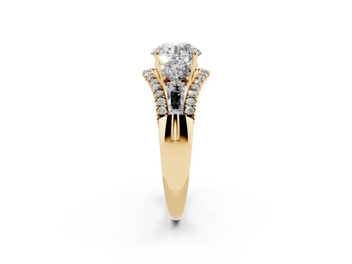 Three-Stone Round Cut Diamond Engagement Ring with Pave Band and Prong Setting Yellow gold
