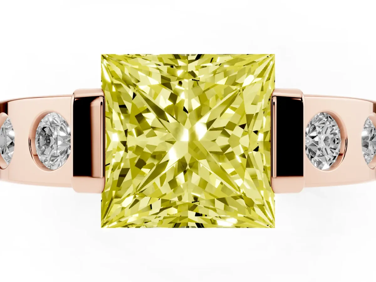 Fancy Yellow Princess Cut Brilliant Channel-Set Diamond Ring with Bezel Prong Setting Rose gold