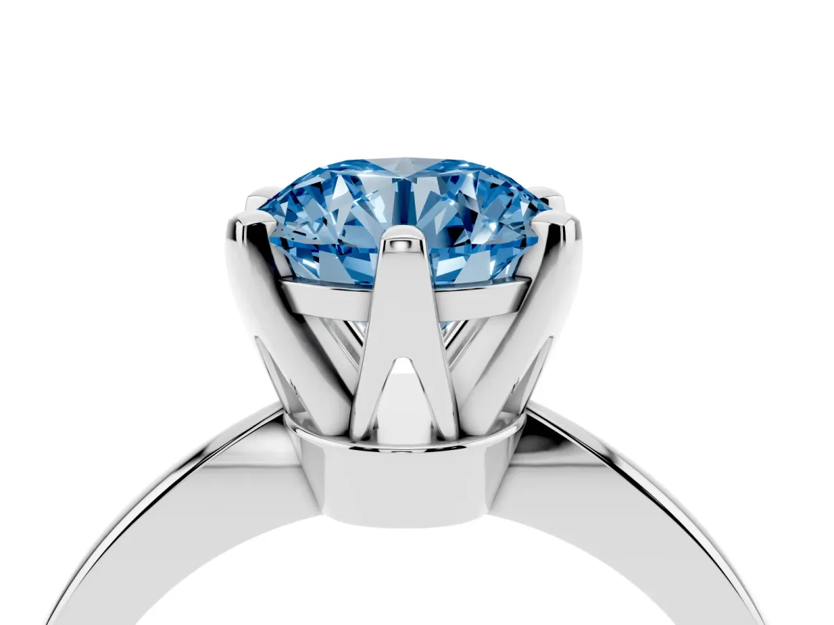 Fancy Blue Round Cut Solitaire Engagement Ring with Six-Prong Setting and Tapered Band White gold