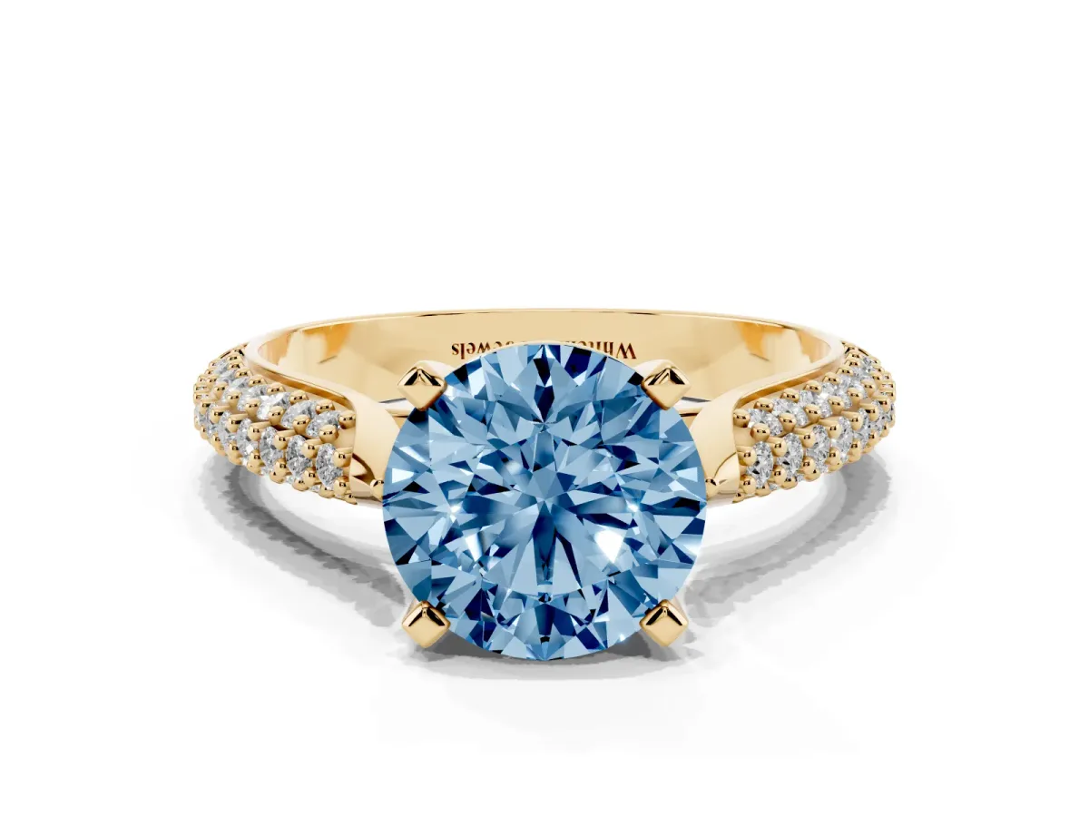 Fancy Blue Round Cut Diamond Solitaire Engagement Ring with Multi-Row Round Pavé Band and Prong Setting Yellow gold