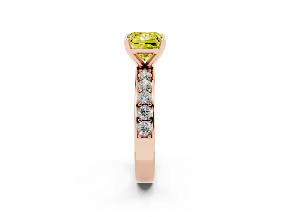 Fancy Yellow Princess Cut Diamond Engagement Ring with Channel Set Round Band and Prong Setting Rose gold