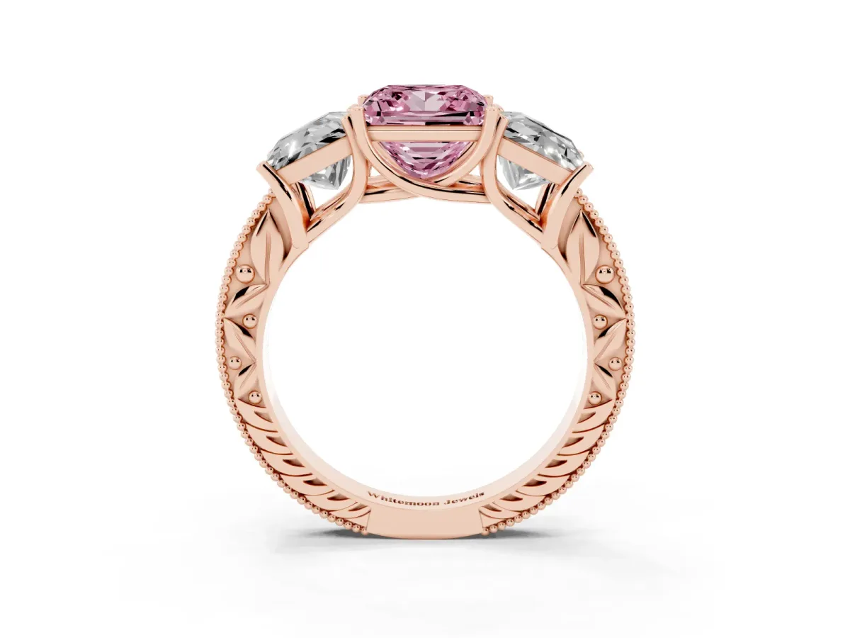 Fancy Pink Three-Stone Princess Cut Cut Milgrain Pavé Engagement Ring Rose gold