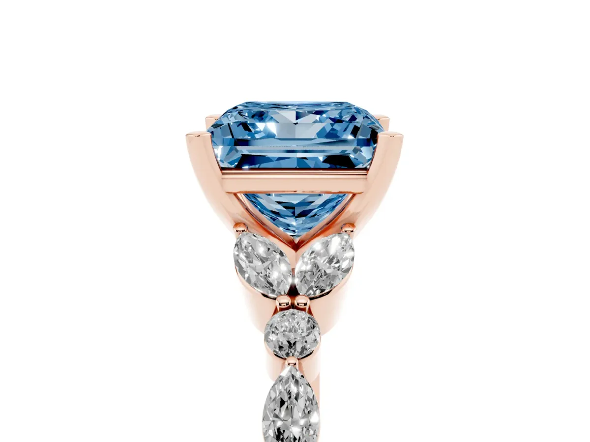 Fancy Blue Princess Cut Diamond Solitaire Ring with Side Stones and Four-Prong Setting Rose gold