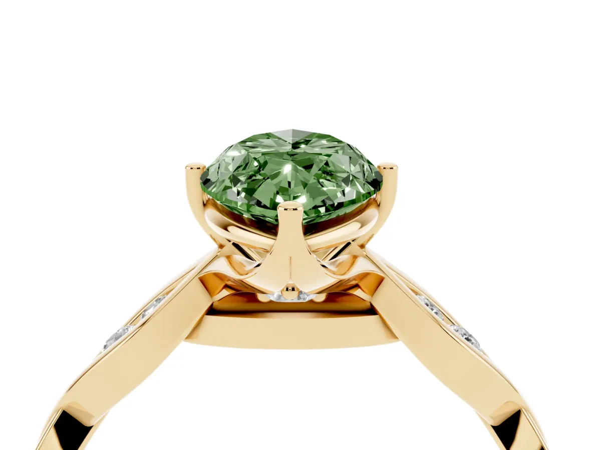 Fancy Green Marquise Cut Solitaire Twist Band with Leaf Prong Setting Yellow gold