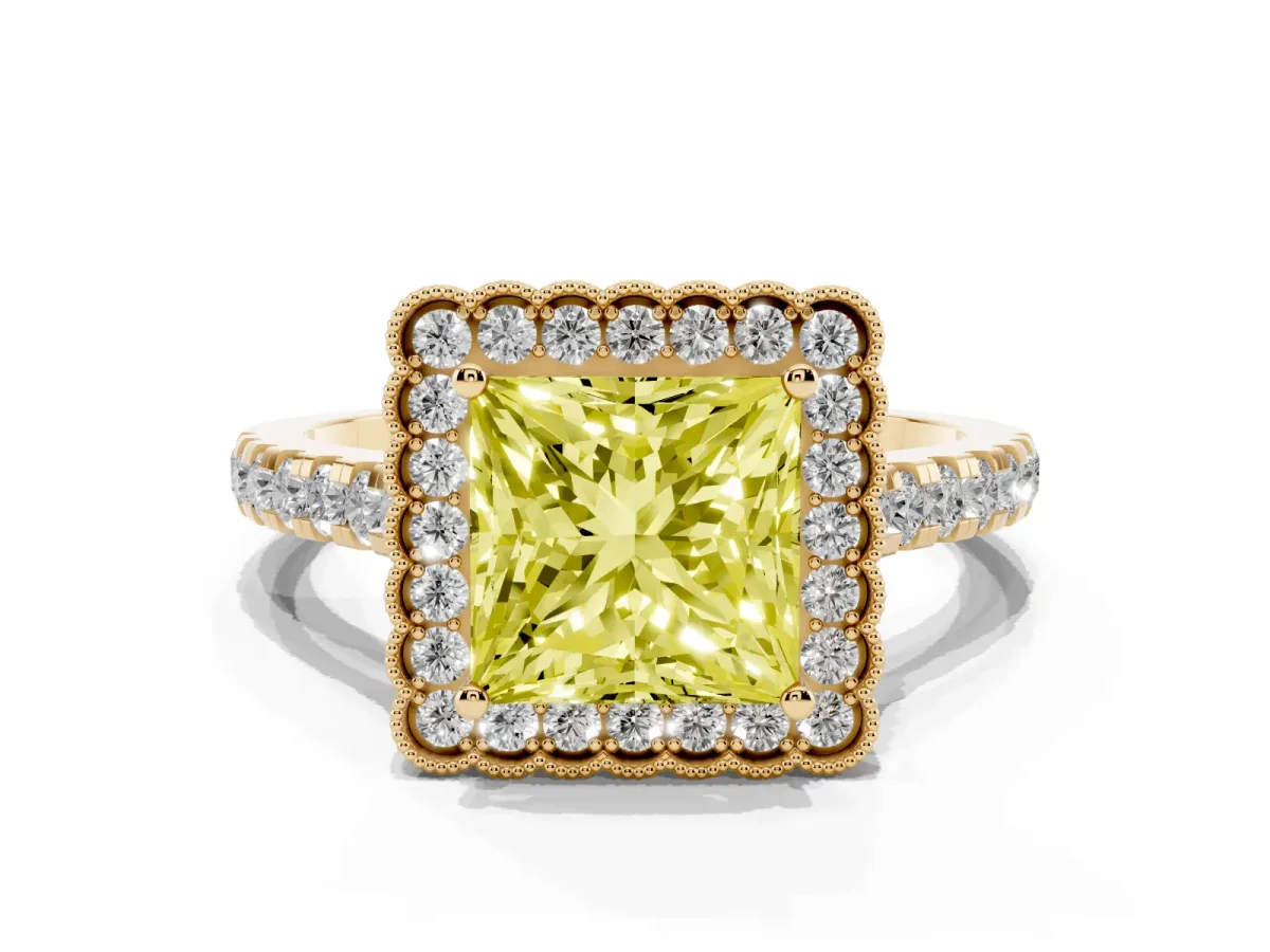 Fancy Yellow Princess Cut Cut Diamond Milgrain Floral Halo Engagement Ring with Pavé Band Yellow gold