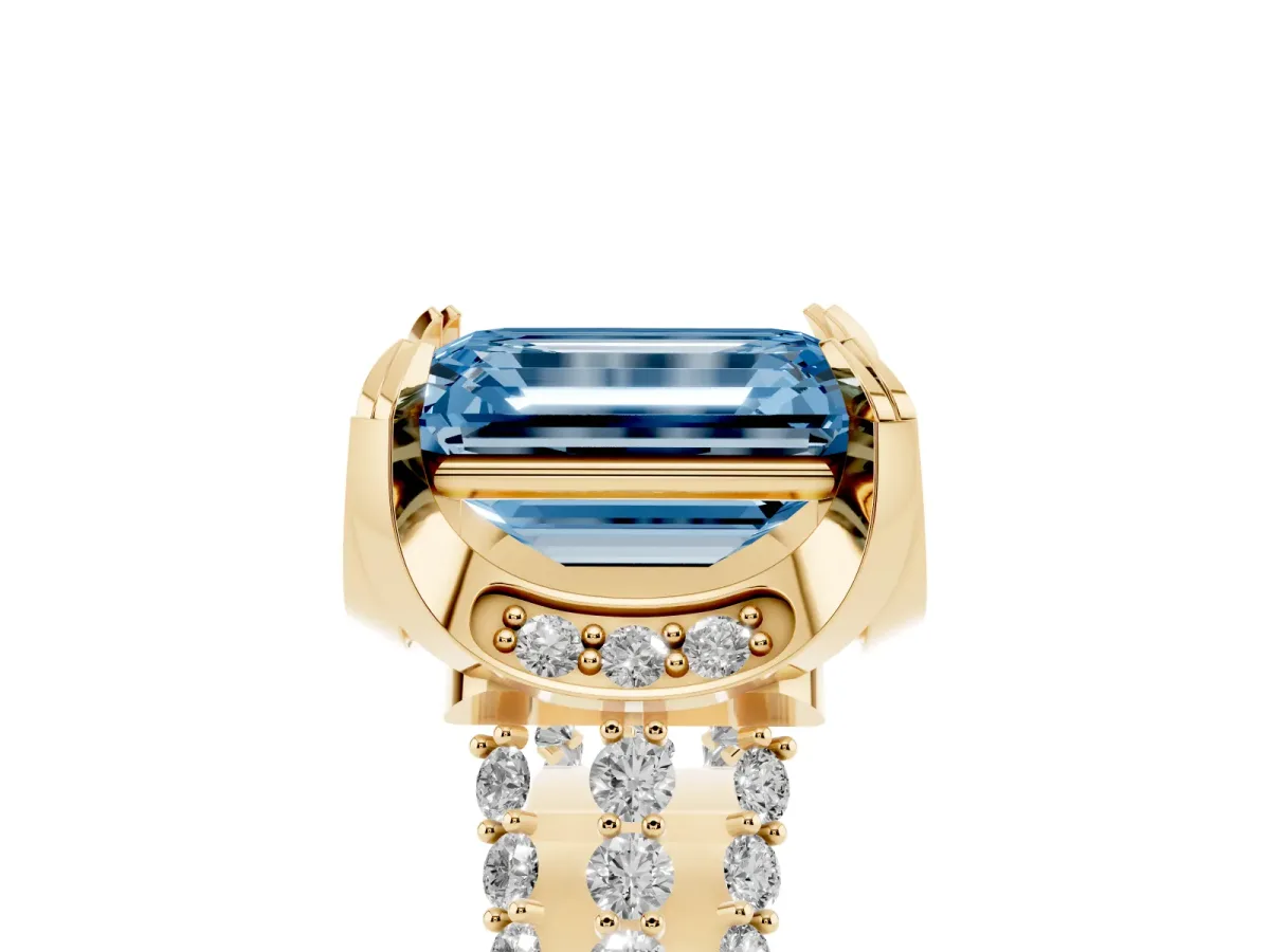 Fancy Blue Emerald Cut Solitaire Pave Split Shank Ring with Four-Prong Setting Yellow gold