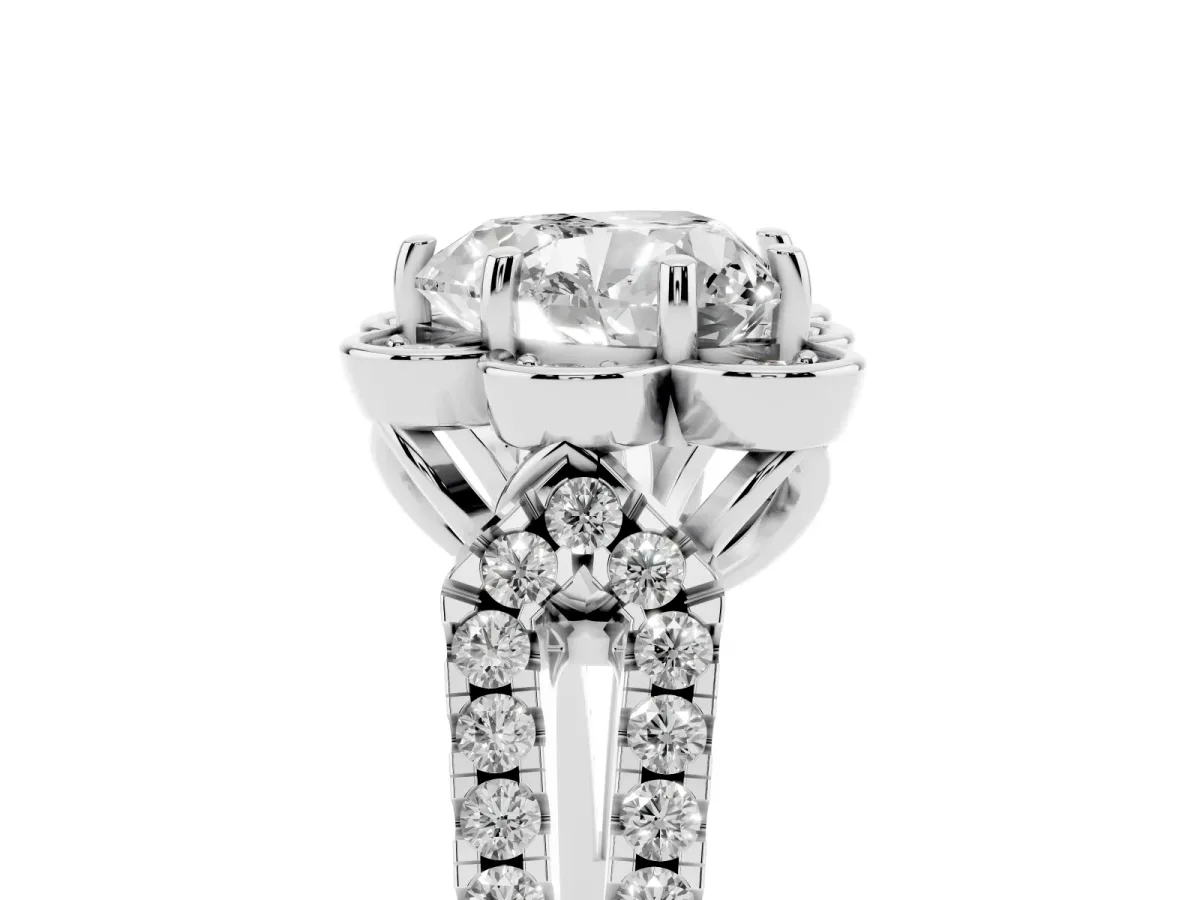 Heart Cut Halo Diamond Floral Split Shank Engagement Ring Silver