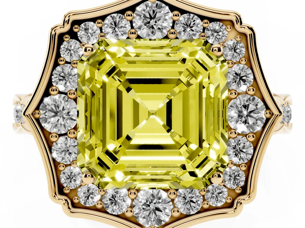 Fancy Yellow Asscher Cut Halo Diamond Engagement Ring with Milgrain Band and Four-Prong Setting Yellow gold