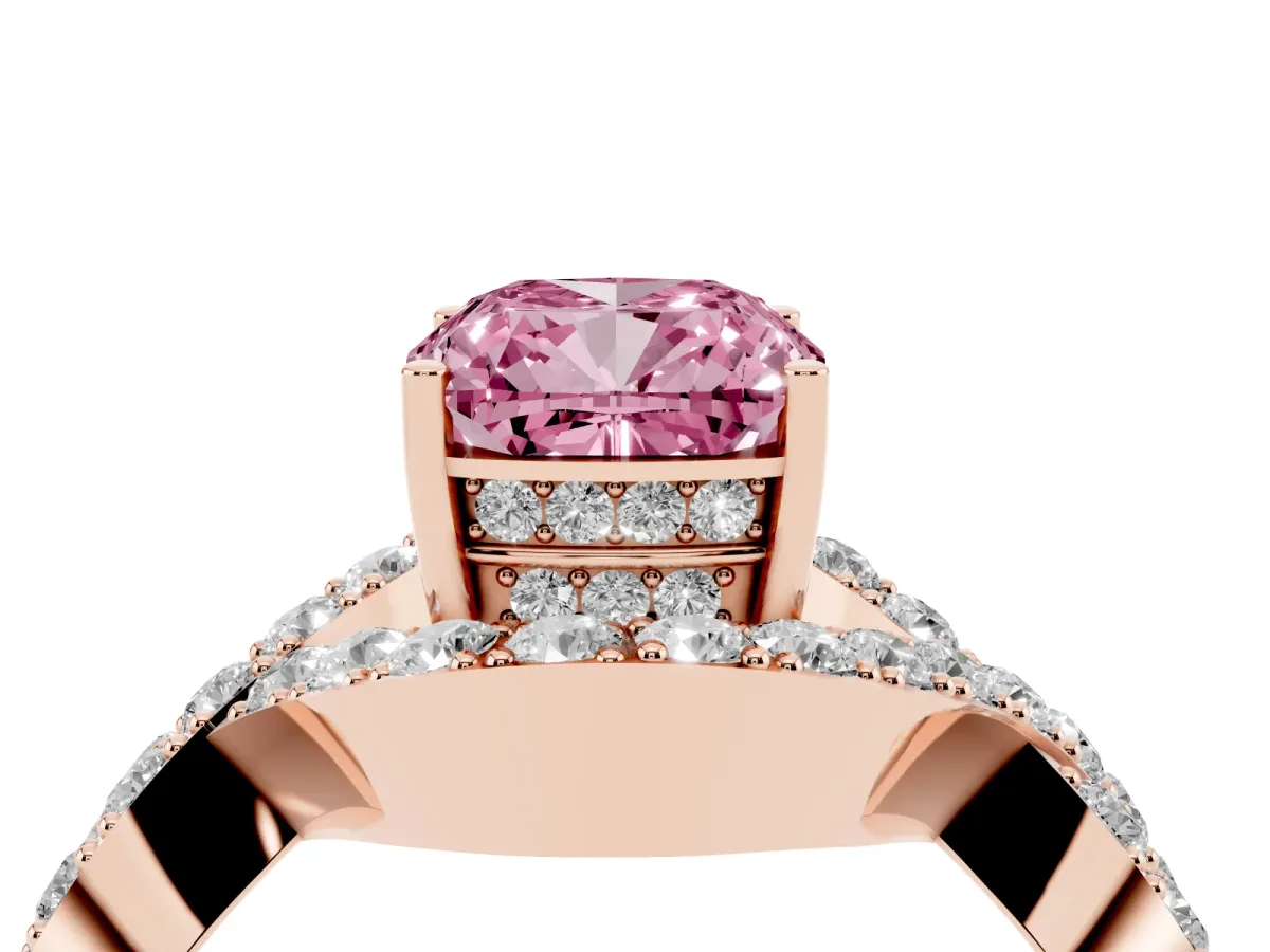 Fancy Pink Cushion Cut Solitaire Twist Band Pavé Diamond Engagement Ring Rose gold