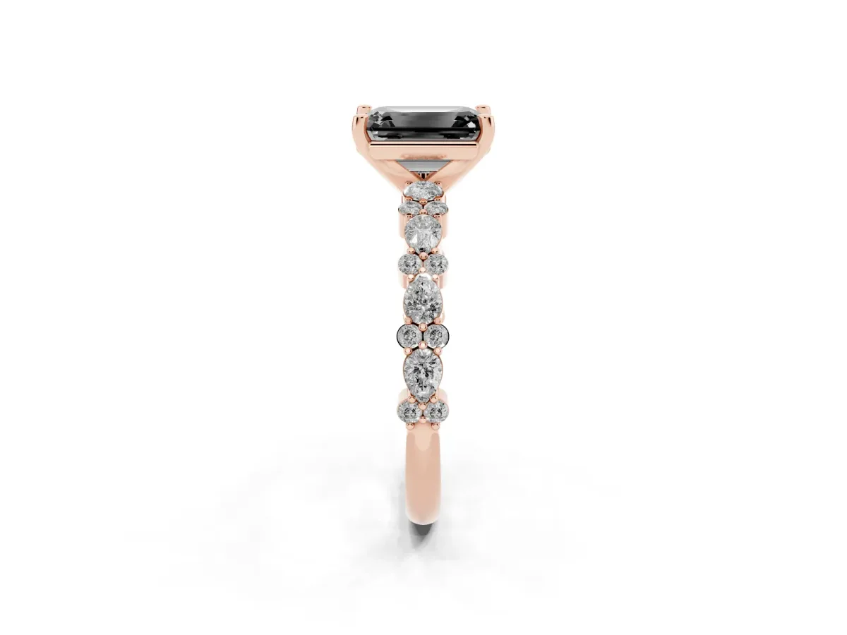 Fancy Black Emerald Cut Diamond Side Stone Solitaire Ring with Round and Four-Prong Setting Rose gold